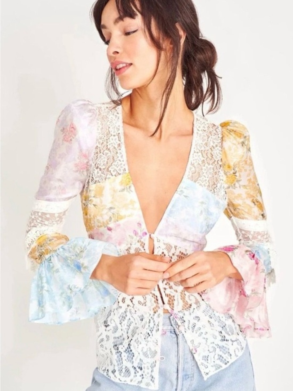 LoveShackFancy Priema Silk Top M Floral Patchwork Lace Bell Sleeve Cottagecore